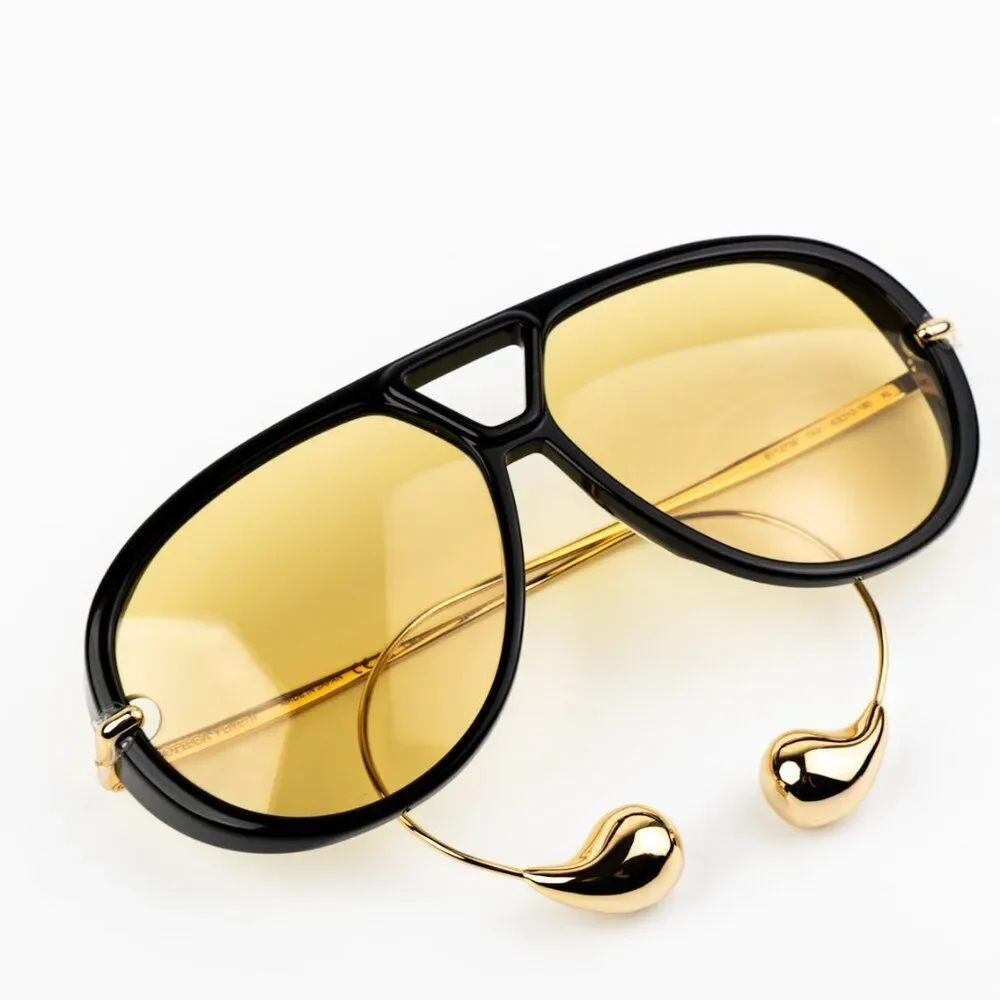 NEW Bottega Veneta BV1273S 003 Black Gold Yellow Pilot Unisex Sunglasses